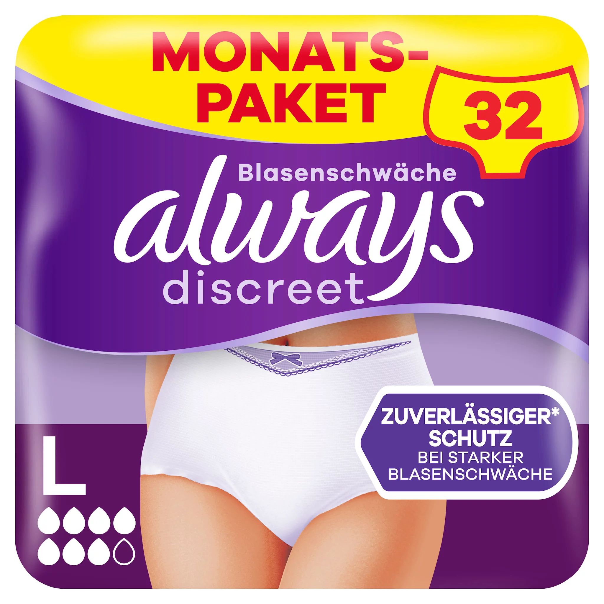 Always Discreet Inkontinenz-Höschen Plus, Größe L, 32 Höschen (4 Packungen x 8 Stück)