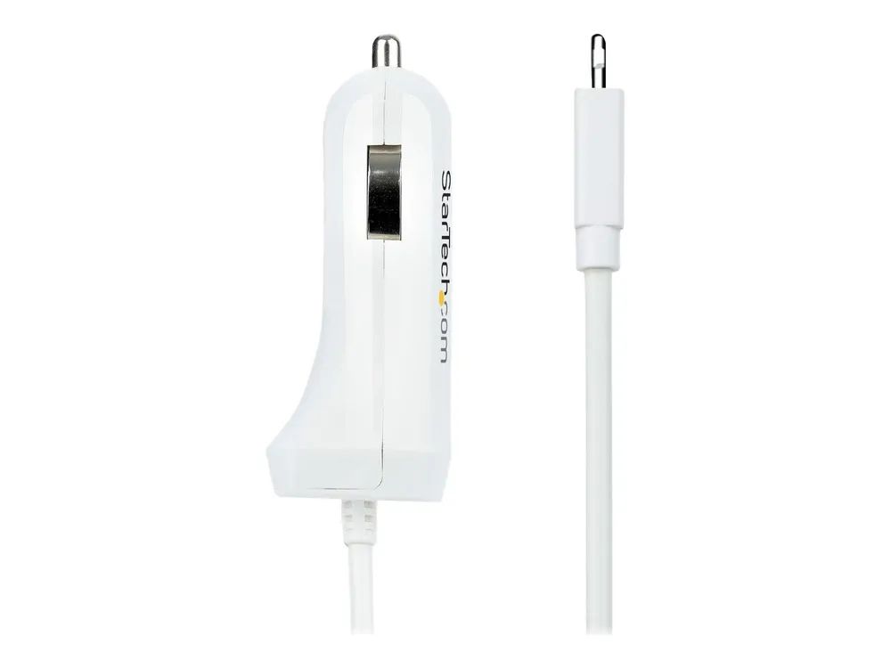 StarTech.com Lightning Car Charger with 1m Coiled Lightning Cable, 12W, White, 2 Port USB Car Charger Adapter for Phones and Tablets, In Car Apple iPhone/iPad Charger w/ Built-in Cord - Dual USB Car Charger (USBLT2PCARW2)