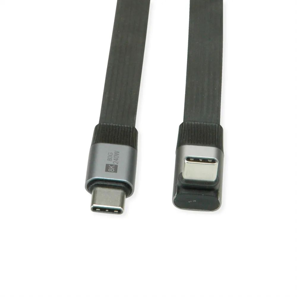 ROLINE USB4 2.0 Flachkabel, C–C, ST/ST einseitig 270°-gewinkelt, 8K UHD-2, 80Gbit/s, 240W, schwarz, 0,8 m