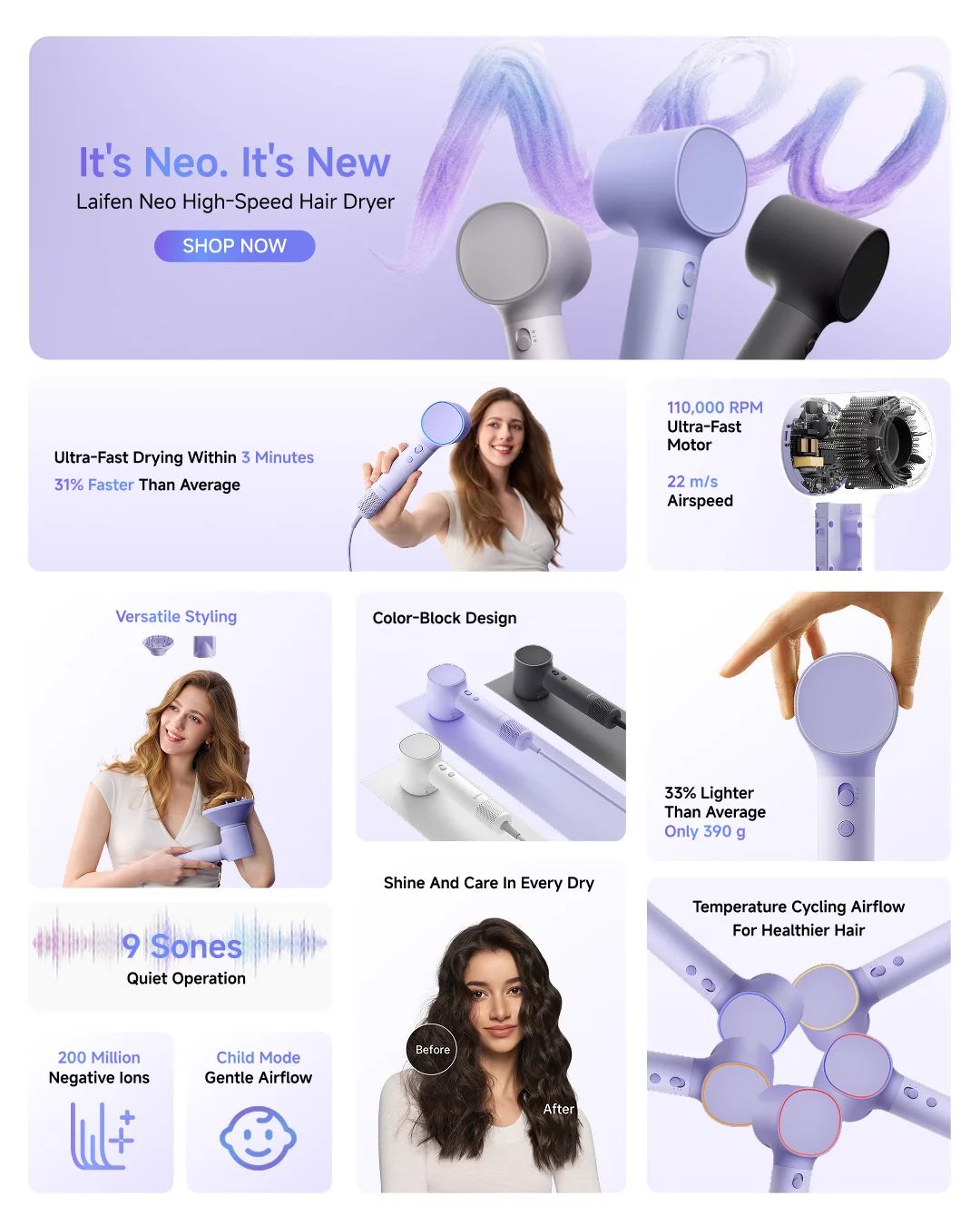 Laifen Neo High-Speed Hair Dryer inkl. Zubehörr - Pastel Purple