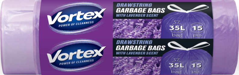 VORTEX Müllbeutel mit Zugband HDPE violett mit Lavenderduft 35l/15Stk