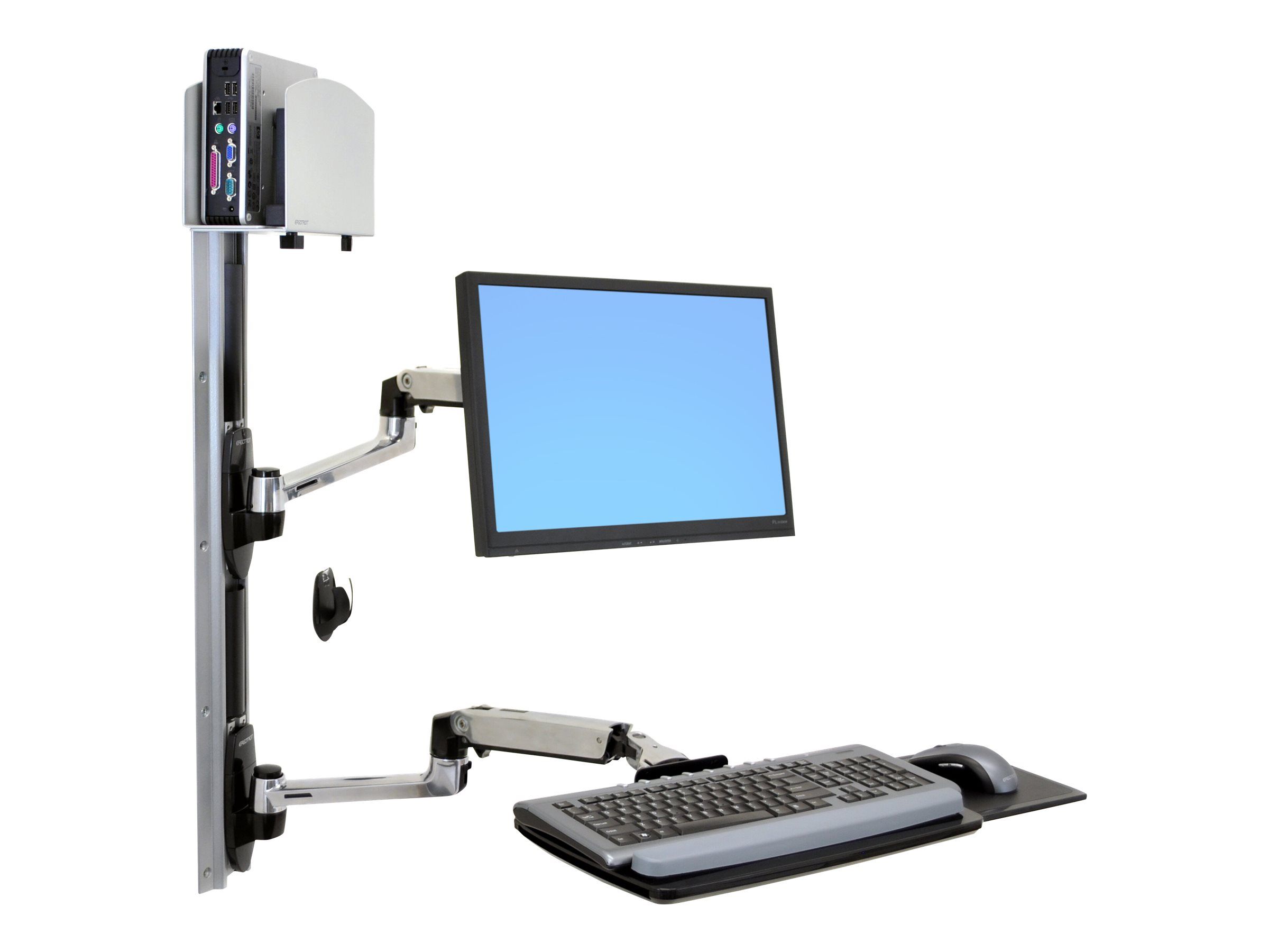 Ergotron LX Wall Mount System - Befestigungskit (Wandarm, Maushalterung, 2 Schienenabdeckungen, Tastaturarm, 2 Kabelkanäle, Handgelenkkissen, Wandschiene 10", Wandschiene 34", CPU Abstandhalter, Montagesystem mit CPU-Halterung und Armen, medium CPU h