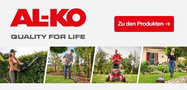 AL-KO Gartengeräte für die Gartenpflege mit Heckenschere, Rasentrimmer, Rasenmäher und weiteren Geräten im Einsatz