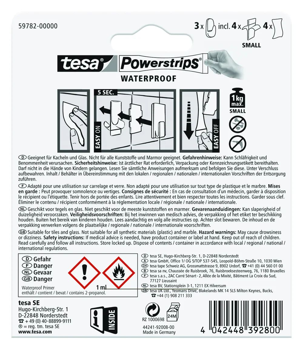 tesa® Powerstrips® Waterproof Haken S – weiß – wasserfest – bis 1 kg Tragkraft