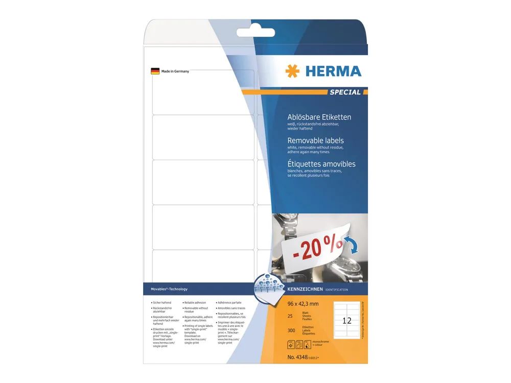 HERMA Special - Papier - matt - selbstklebend, entfernbarer Klebstoff - weiß - 96 x 42.3 mm 300 Etikett(en) (25 Bogen x 12)