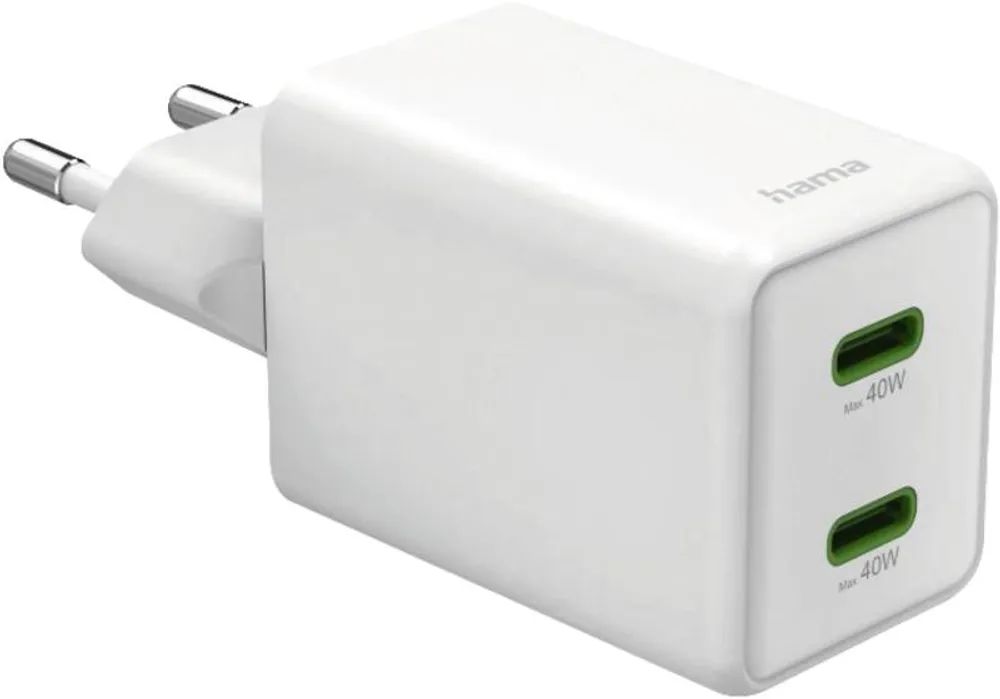 Hama Schnellladegerät, GaN, 2x USB-C, Super-Mini-Ladegerät, PD, 40 W, Weiß