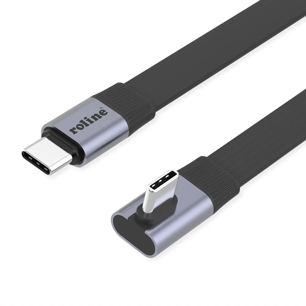 ROLINE USB4 2.0 Flachkabel, C–C, ST/ST einseitig 90°-gewinkelt, 8K UHD-2, 80Gbit/s, 240W, schwarz, 0,8 m