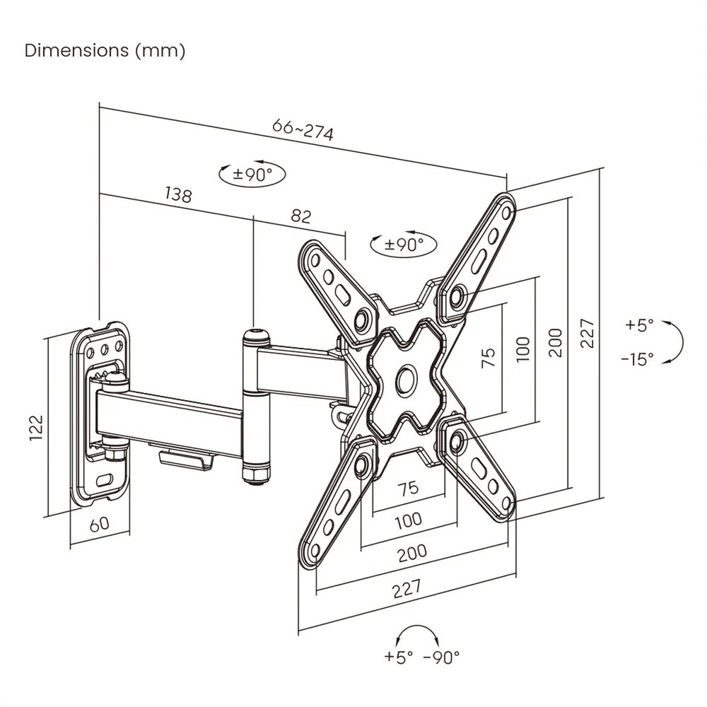 VALUE TV-Wandhalterung, 3 Drehpunkte, 13-43 Zoll, bis 20 kg