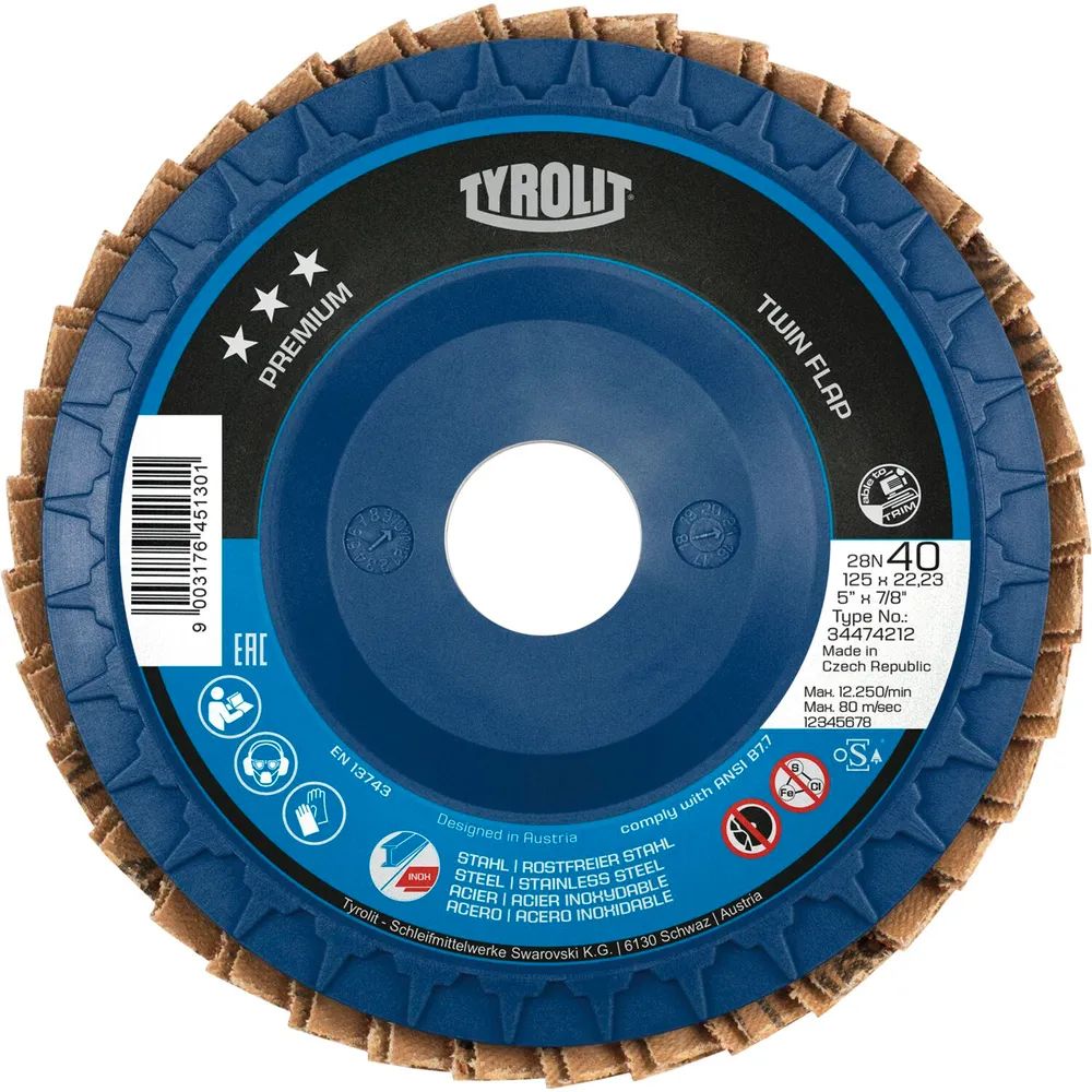 TYROLIT Schleiflamellenteller TwinFlap Premium***gerade Ø 125mm K40 28N