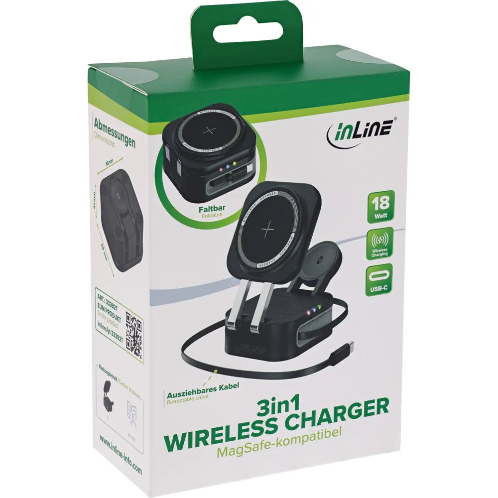 InLine 3in1 Wireless Charger - 15W Qi MagSafe kompatibel - 0,8m Kabel