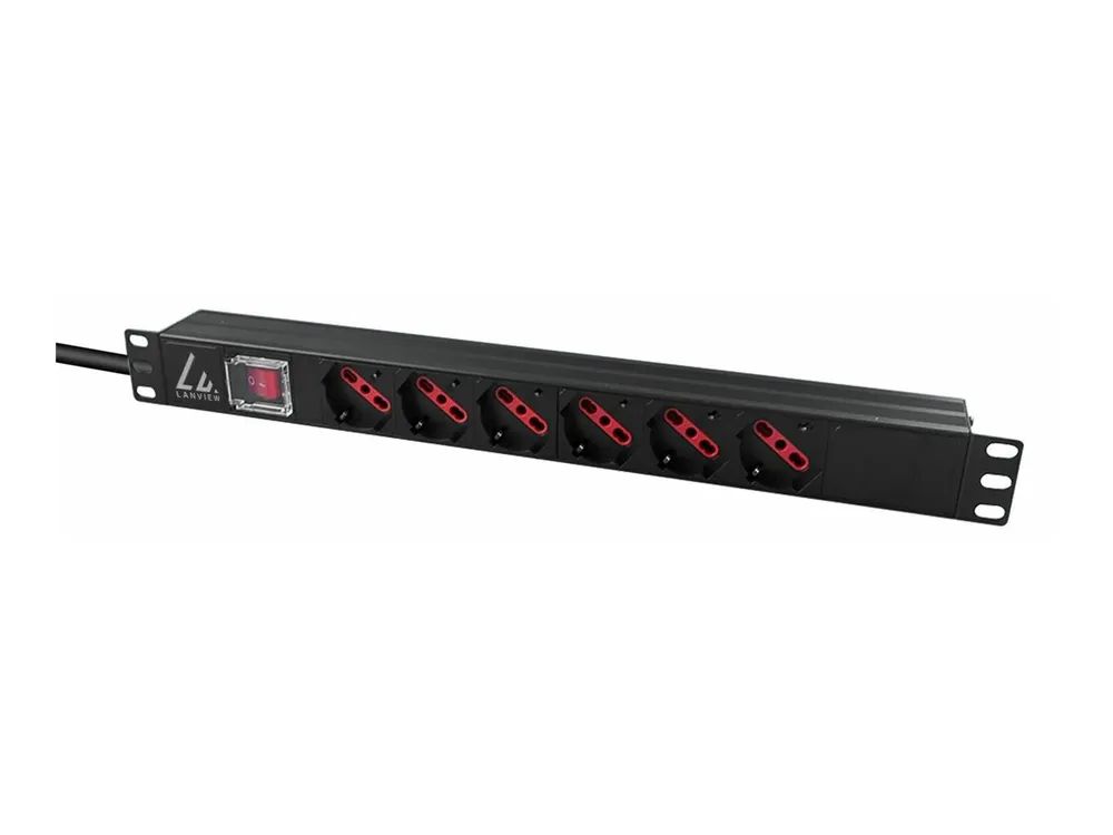 Lanview Steckdosenleiste (Rack - einbaufähig) - 13A - Wechselstrom 250 V - 2500 Watt - 1-phasig - Eingabe, Eingang Typ J - Ausgangsanschlüsse: 6 (Typ F)