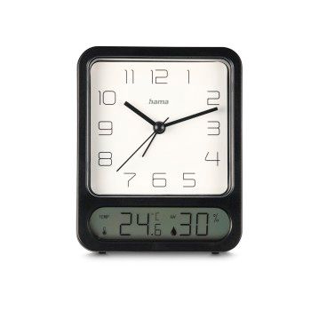 Hama Wecker "Pag", mit Thermometer/Hygrometer, ohne Ticken, Schwarz