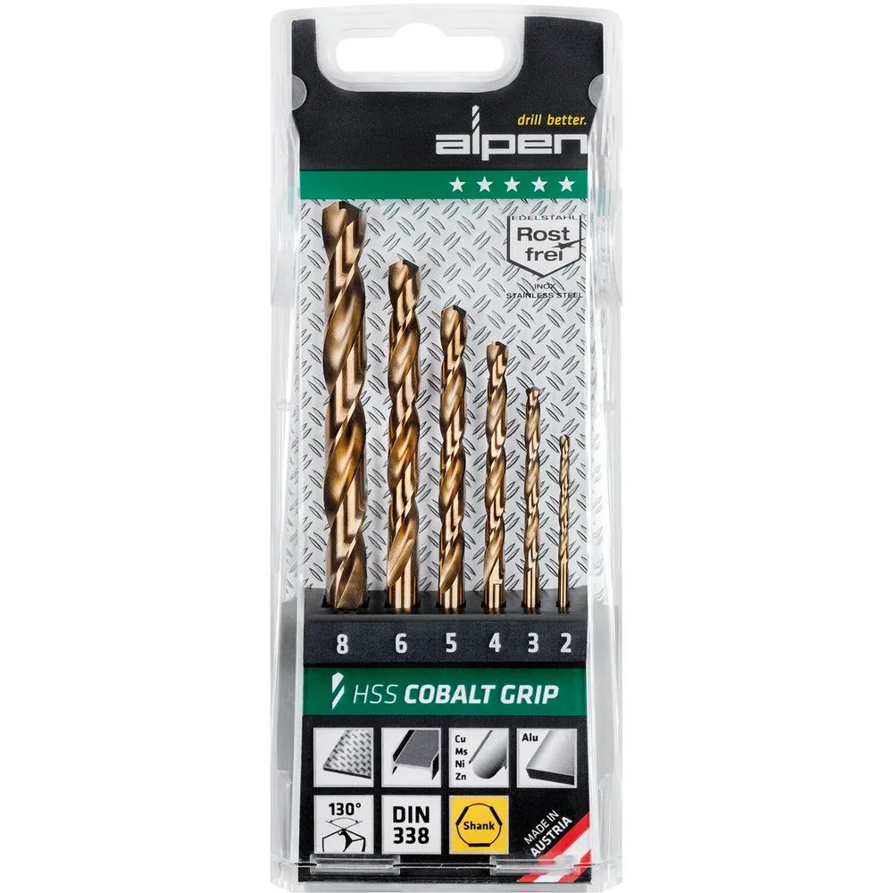 ALPEN Spiralbohrer-Kassette DIN338RN HSS Cobalt GRIP TM6 ø 2-8 mm 6-teilig
