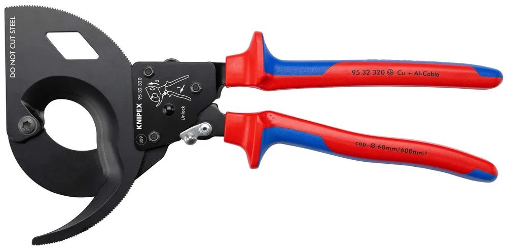 KNIPEX Kabelschneider (Ratschenprinzip, Dreigang) mit Mehrkomponenten-Hüllen schwarz lackiert 320 mm