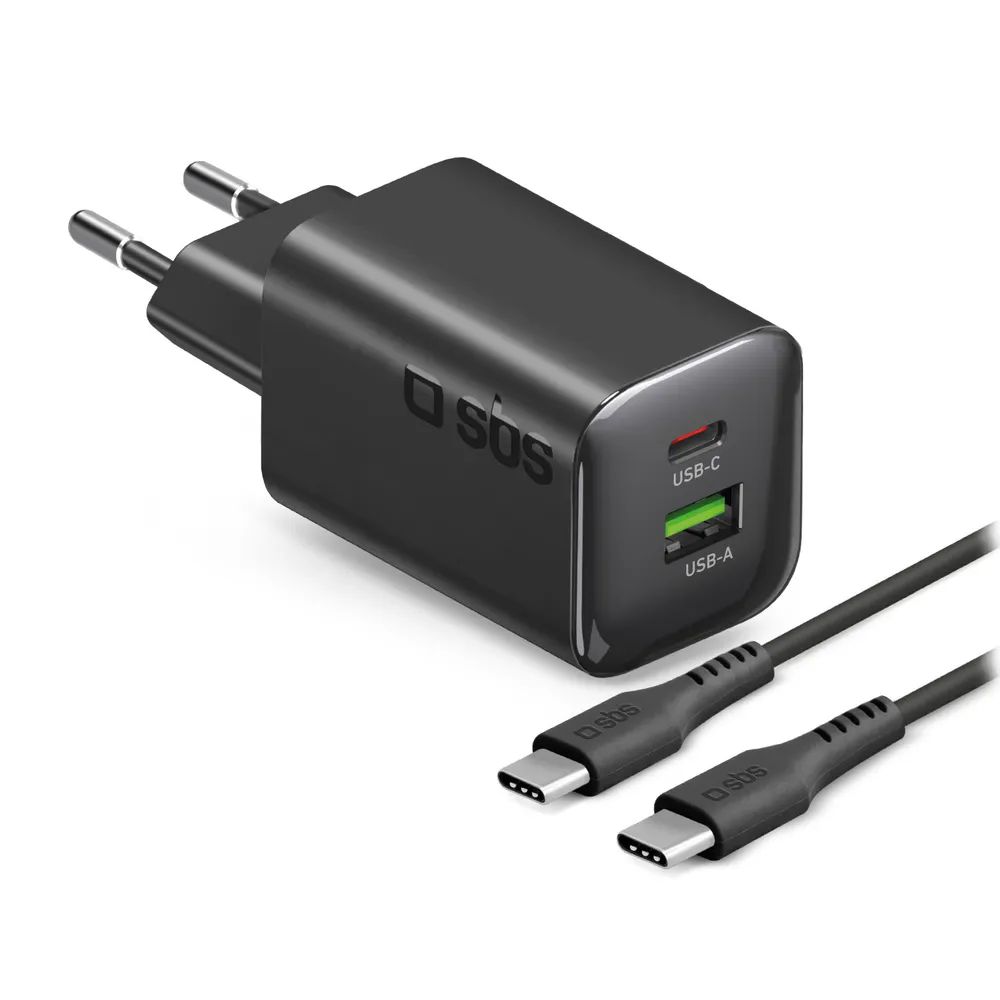 SBS GaN Netzlader, 1x USB-C PD & 1x USB-A, 65W, inkl. 1,5m USB-C Kabel