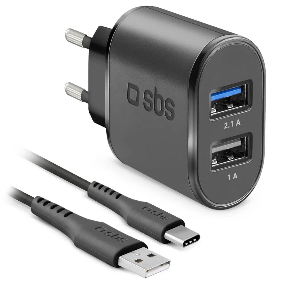 SBS Netzlader, 2x USB-A, 10W, inkl. 1m USB-C-Kabel