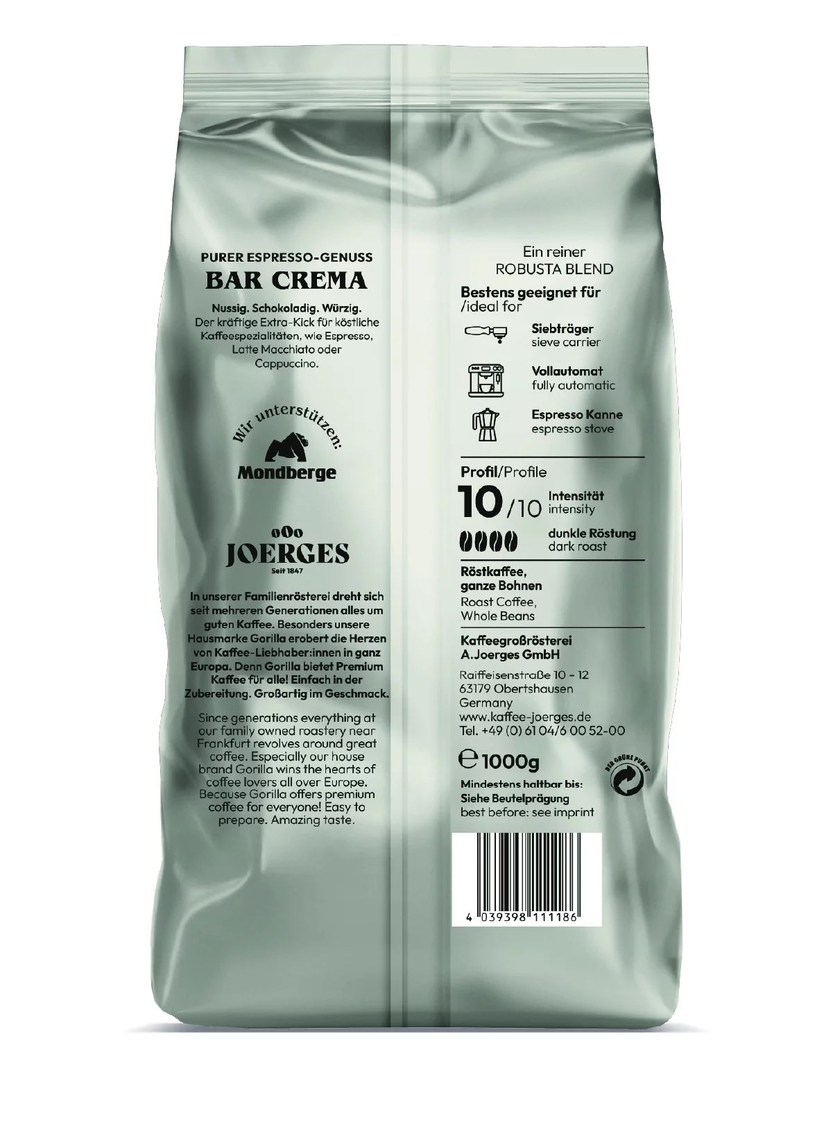 Joerges Kaffee Espresso Gorilla Bar Crema, 1kg
