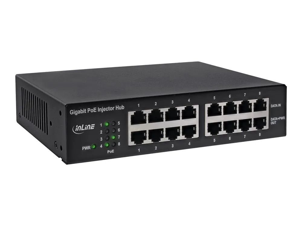 InLine PoE+ Gigabit Netzwerk Injektor Hub 8 Port (8x PoE+) - 1Gb/s - 19" 1HE