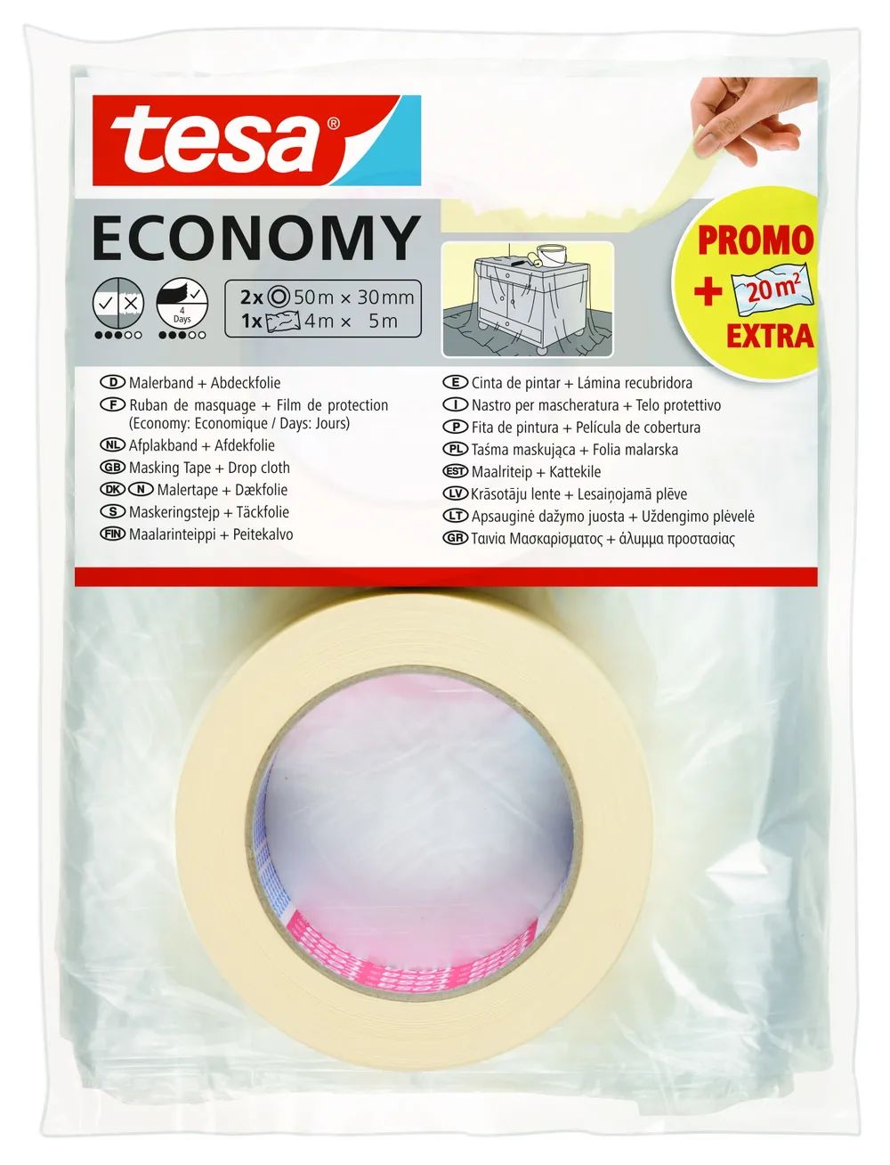 tesa® Malerband Economy – 2er-Pack inkl. Abdeckfolie
