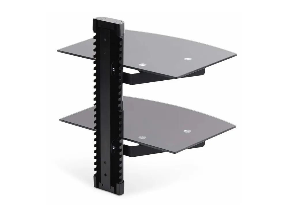 StarTech.com Dual Floating Wall-Mounted AV Shelves, Adjustable Height Shelf For Under TV, Organize A/V Equipment On Black Tempered Glass Shelves
