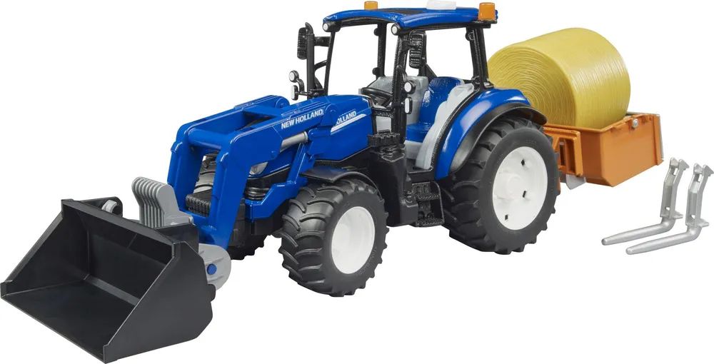 Bruder New Holland T5.120 Landwirtschaftstraktor mit Frontlader Ladekasten Gabeln 1