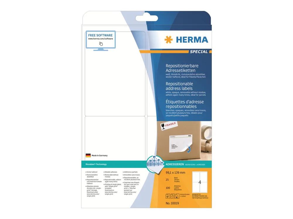 HERMA Special - Papier - matt - selbstklebend, neu positionierbar - weiß - 99.1 x 139 mm 100 Etikett(en) (25 Bogen x 4)