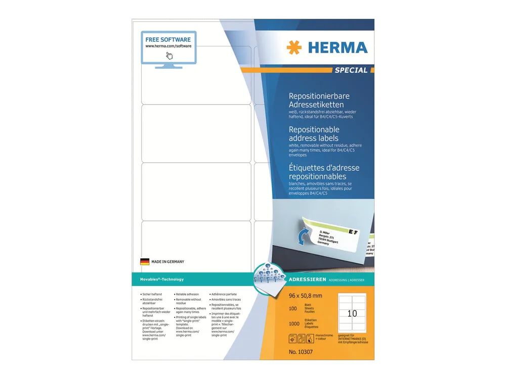 HERMA Special - Papier - matt - selbstklebend, neu positionierbar - weiß - 96 x 50.8 mm 1000 Etikett(en) (100 Bogen x 10)