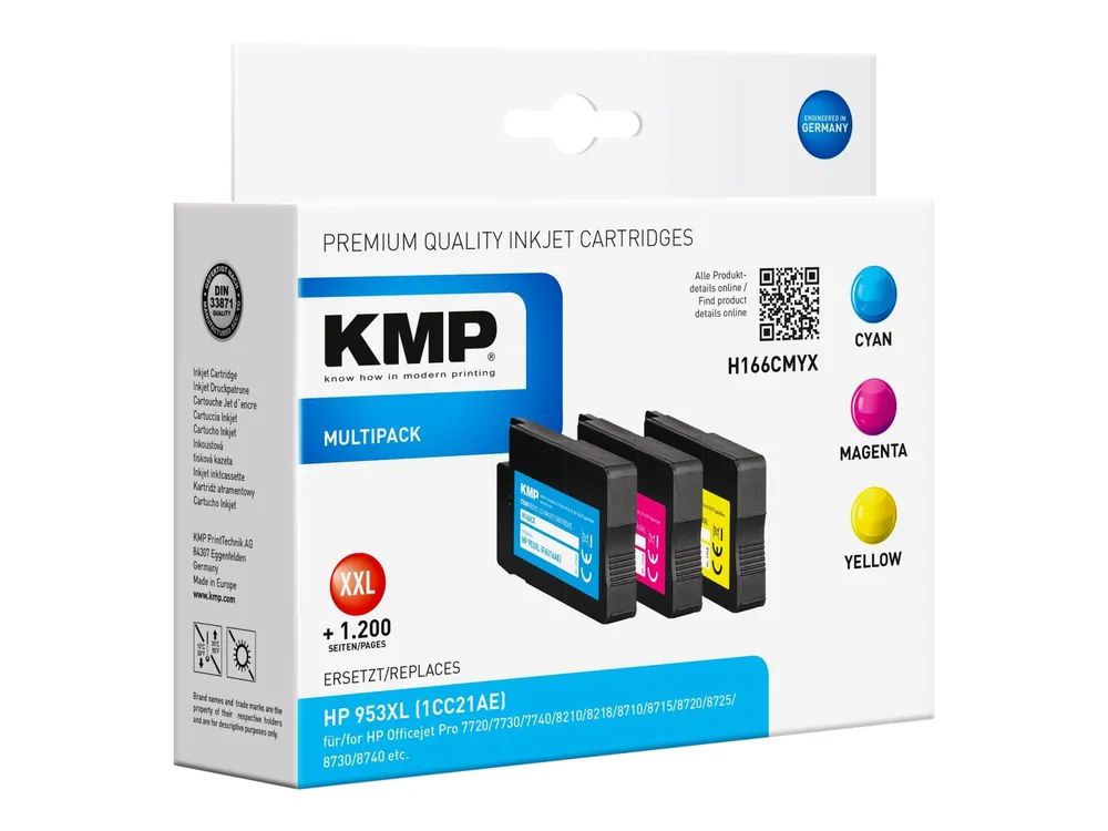 KMP MULTIPACK H166CMYX - 3er-Pack - Hohe Ergiebigkeit - Gelb, Cyan, Magenta - kompatibel - Tintenpatrone (Alternative zu: HP 953XL, HP F6U16AE, HP F6U17AE, HP F6U18AE)