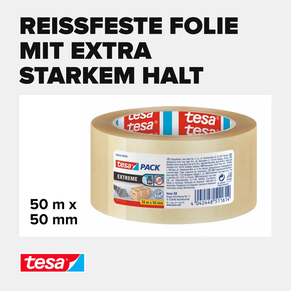 tesapack® Extreme Strong 66m x 50mm,transparent, besonders reißfest