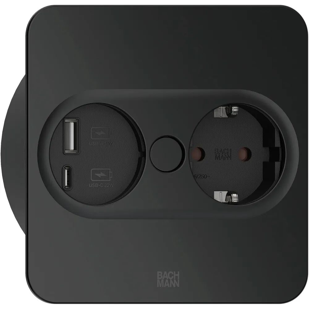 BACHMANN Einbausteckdose TWIST 2 eckig, Steckdose, USB, schwarz matt