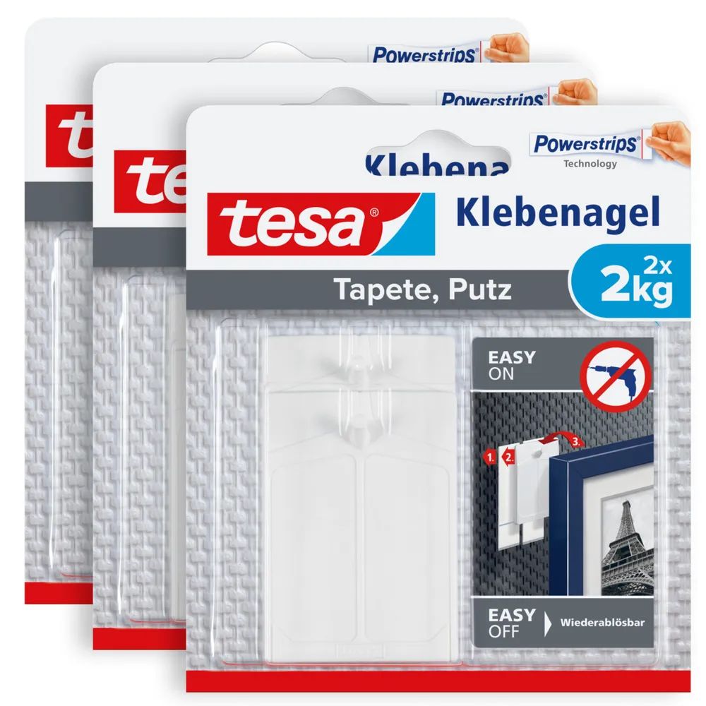 tesa® Klebenagel Tapeten & Putz 2kg, 3er-Pack, verstellbar & wiederverwendbar