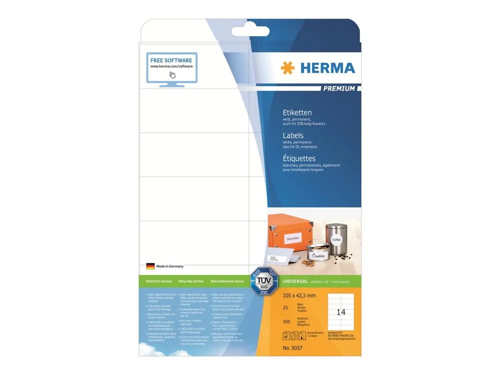 HERMA Premium - Papier - matt - permanent selbstklebend - weiß - 105 x 42.3 mm 350 Etikett(en) (25 Bogen x 14)