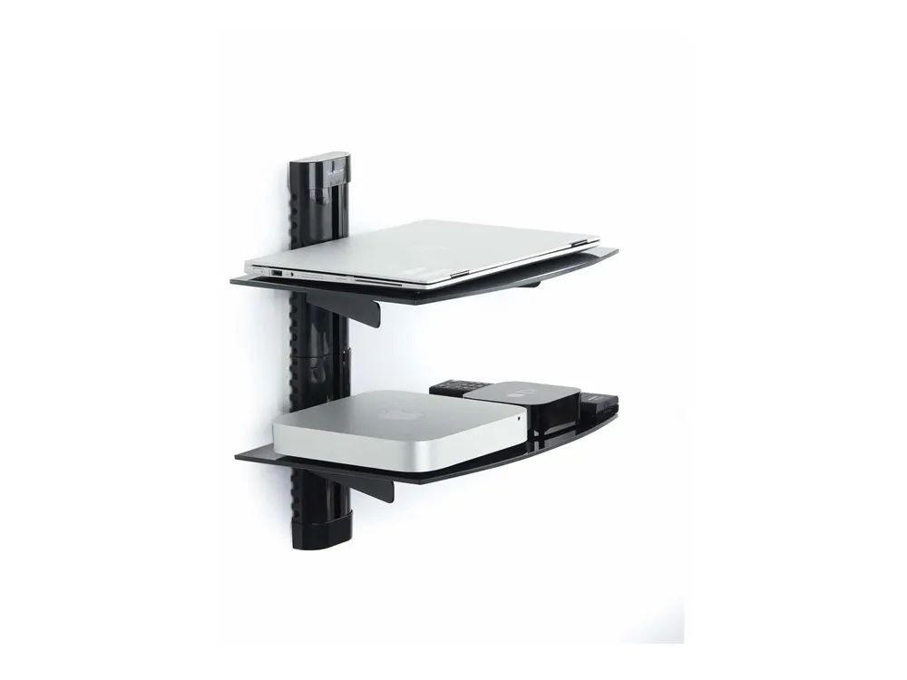 StarTech.com Dual Floating Wall-Mounted AV Shelves, Adjustable Height Shelf For Under TV, Organize A/V Equipment On Black Tempered Glass Shelves