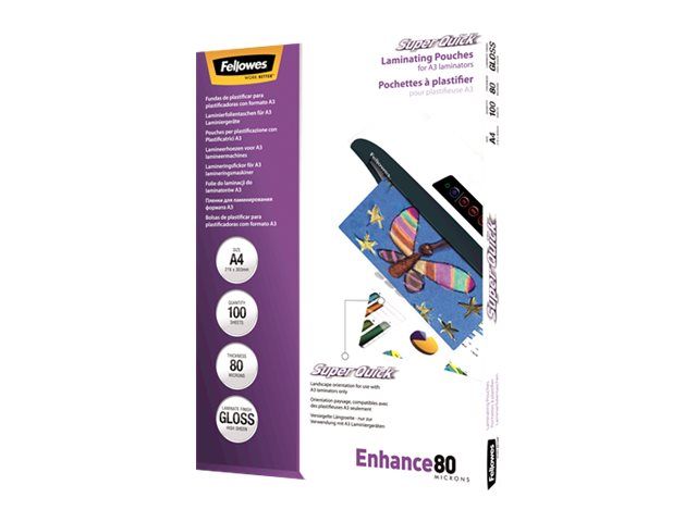 Fellowes Laminating Pouches SuperQuick Enhance 80 micron - 80 Mikron - 100er-Pack - glänzend - durchsichtig - A4 (210 x 297 mm)
