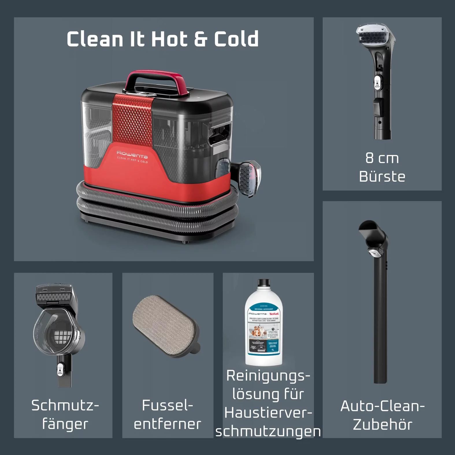 Rowenta IN7020 Fleckenreiniger Clean It Hot & Cold inkl. Zubehör - Rot/Schwarz