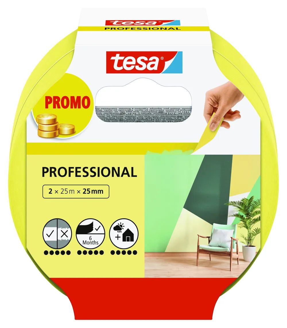 Tesa Professional 56212-00000-02 Malerabdeckband Gelb L x B 50 m 25 mm 2 St