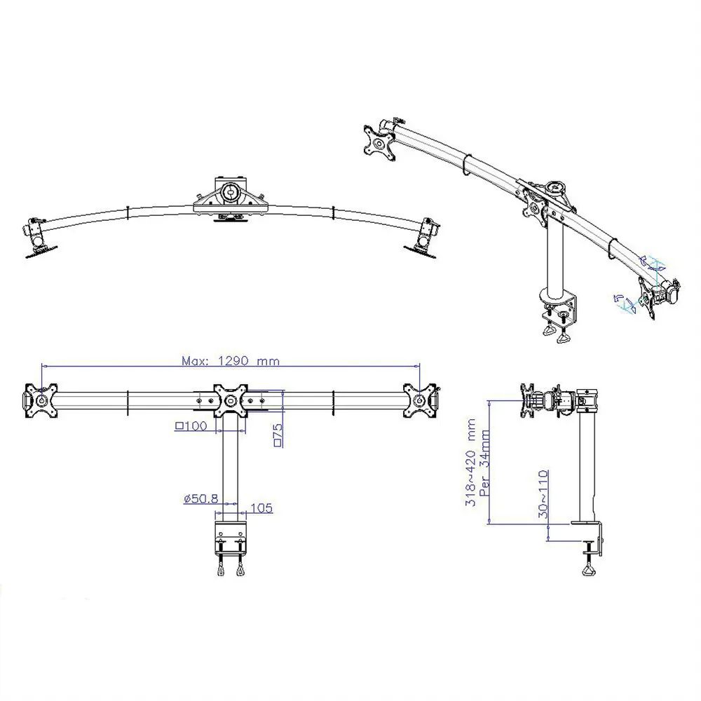 VALUE LCD-Triple-Arm Trägerstange, schwarz, Tischmontage, bis 3x 8 kg