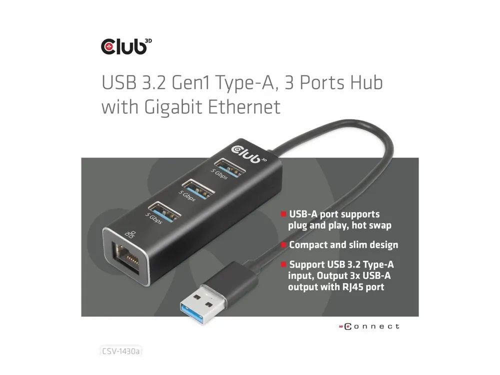 Club 3D CSV-1430A - Hub - 3 x USB 3.2 Gen1 + 1 x 10/100/1000