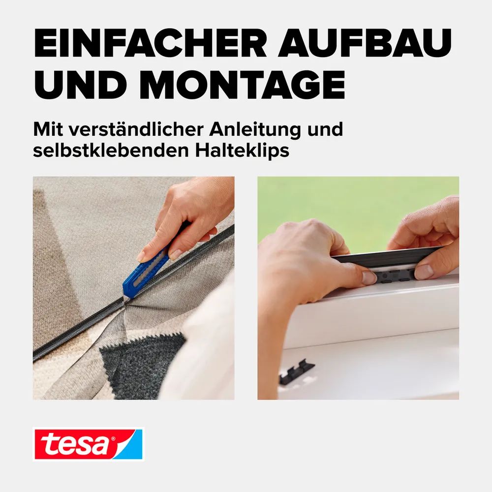 tesa® Clip-On Insektenschutz 1,30 × 1,50 m – weiß – anpassbar & ohne Bohren – für Fensterrahmen