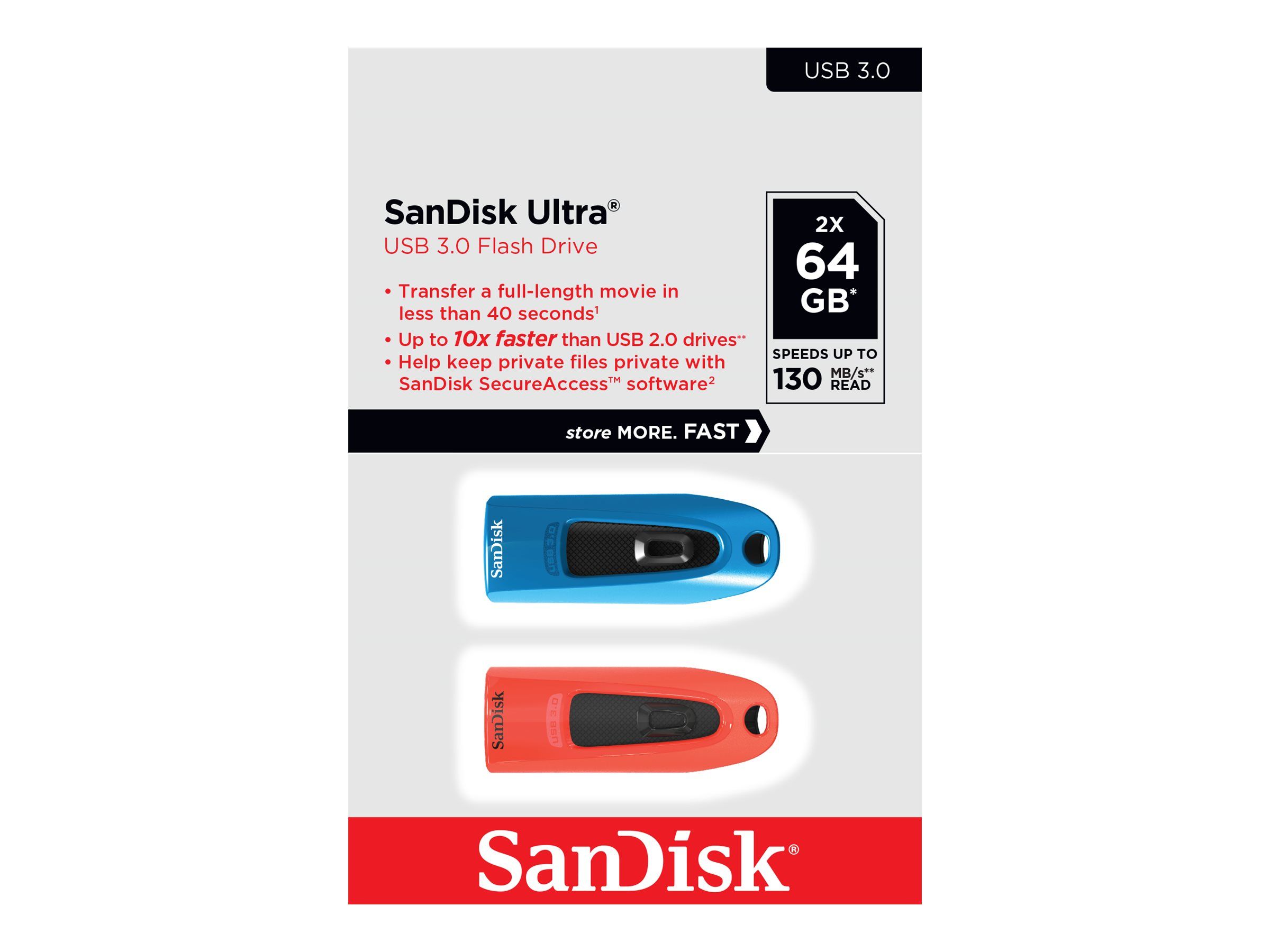 SanDisk Ultra - USB-Flash-Laufwerk - 64 GB - USB 3.0 - Blau, Rot (Packung mit 2)