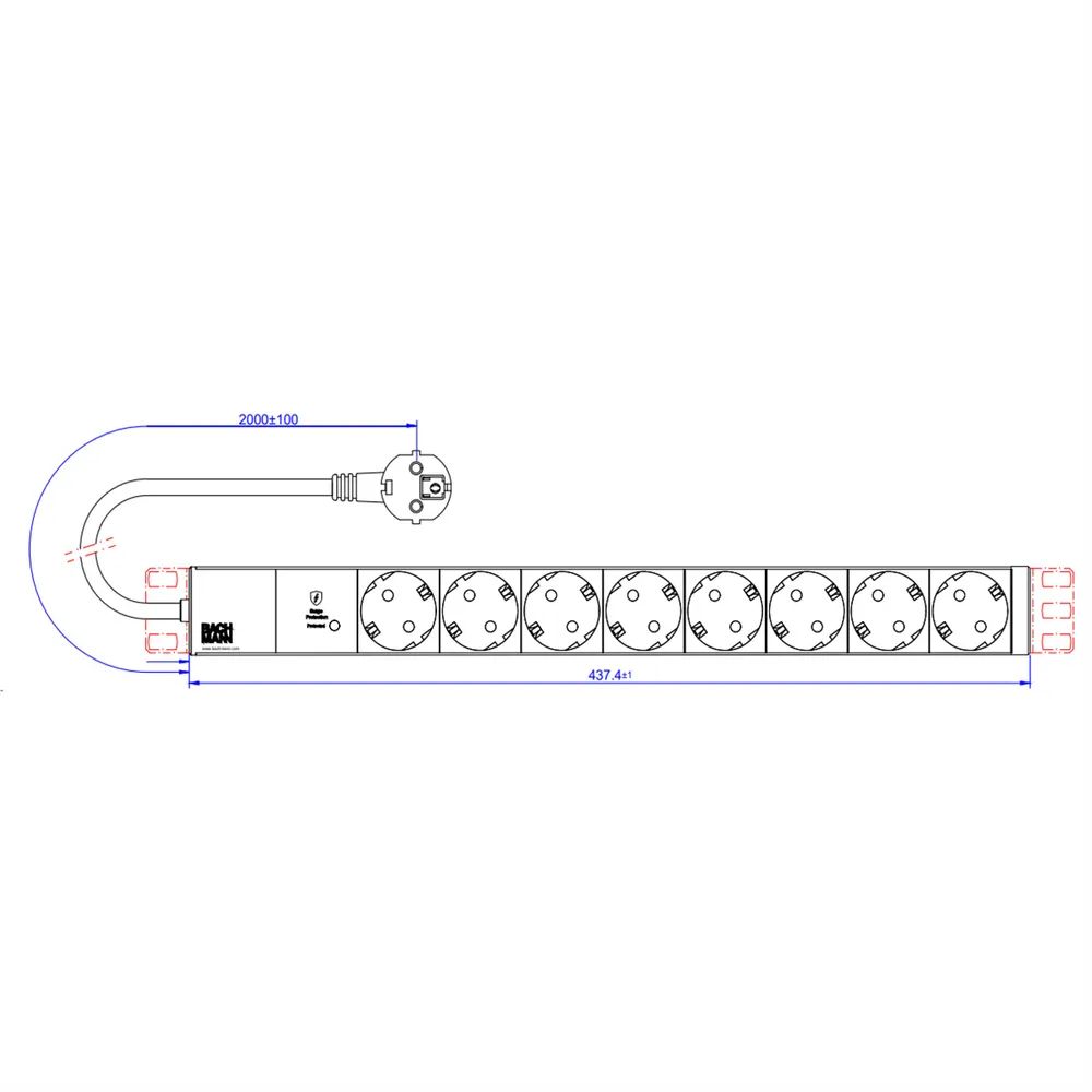 BACHMANN 19" 1HE 8xCEE7/3 RAL7035 1xSPD-Plus 2,0m CEE7/7