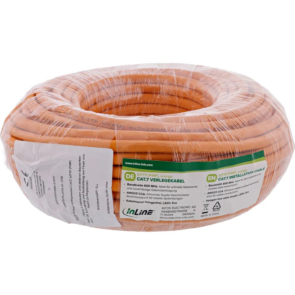 InLine Verlegekabel Cat.7 S/FTP - CCA - 600MHz - PoE+ - halogenfrei - orange - 25m