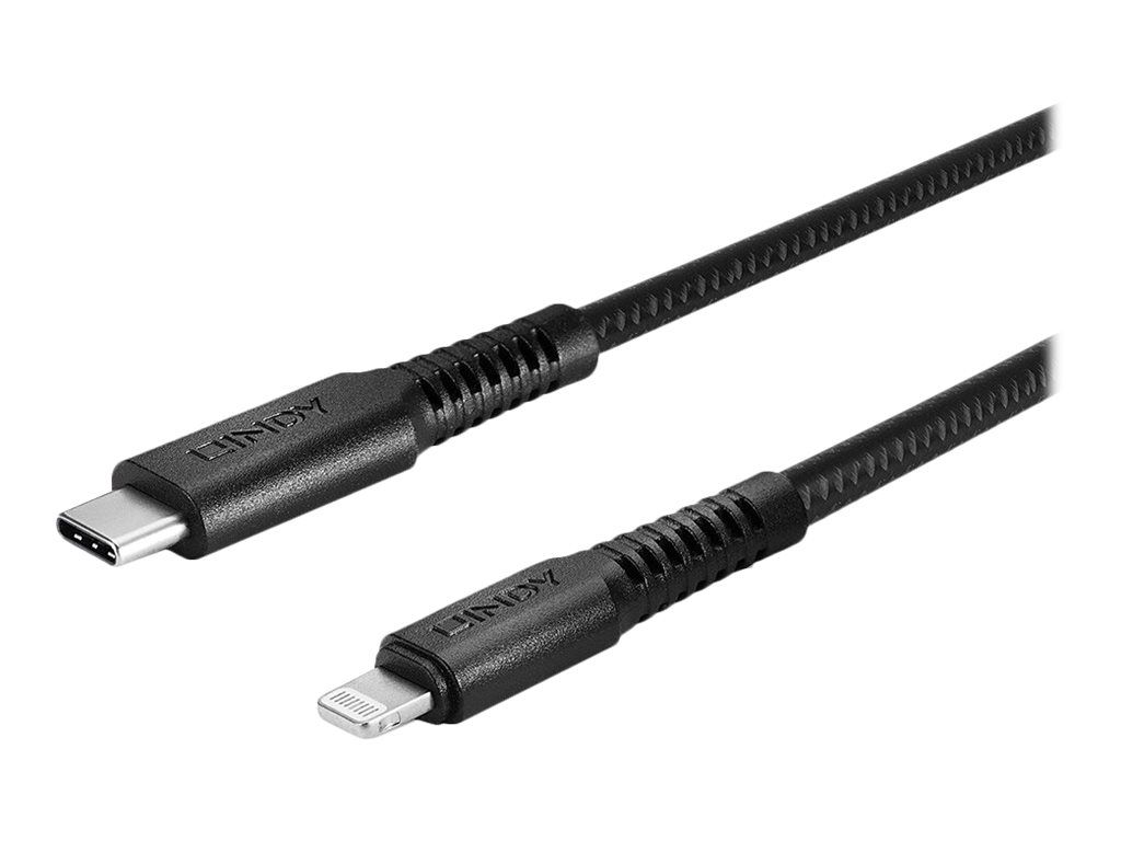 Lindy Lightning-Kabel - 24 pin USB-C männlich zu Lightning männlich - 3 m - abgeschirmt - Schwarz - rund, unterstützt Power Delivery 2,0 - für Apple iPad/iPhone/iPod (Lightning)