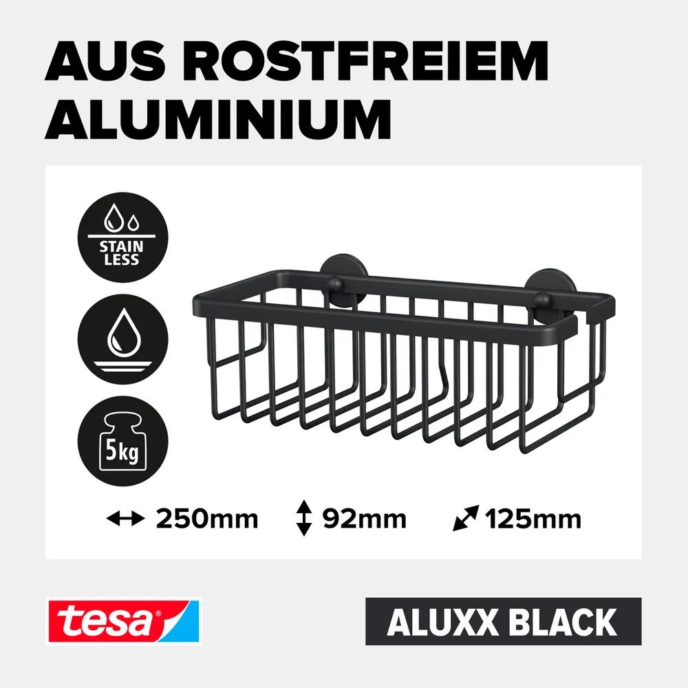 tesa® ALUXX BLACK Duschkorb Einzeln, schwarz, ohne Bohren