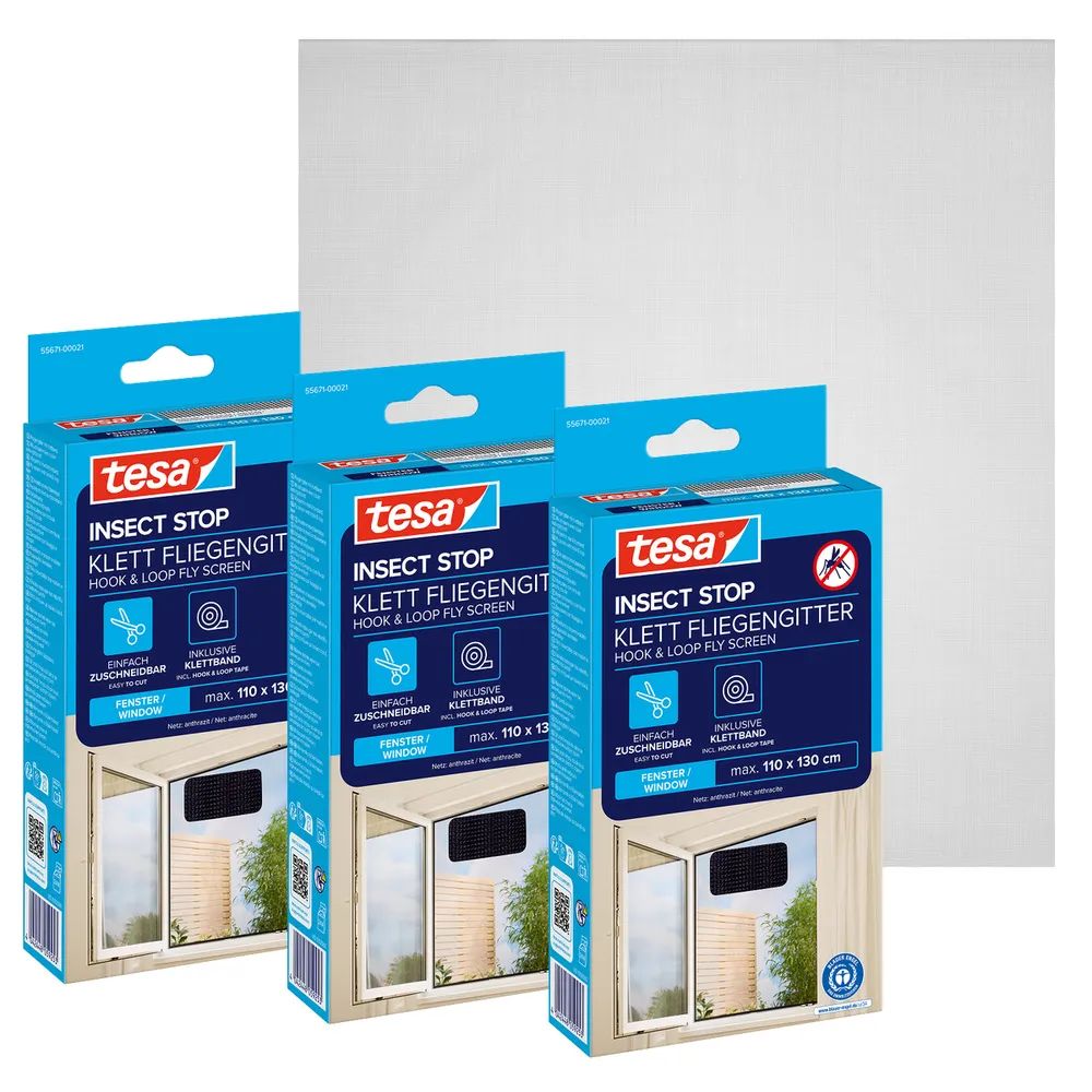 tesa® Fliegengitter Standard 3er-Pack 1,10 × 1,30m, anthrazit, zuverlässiger Insektenschutz