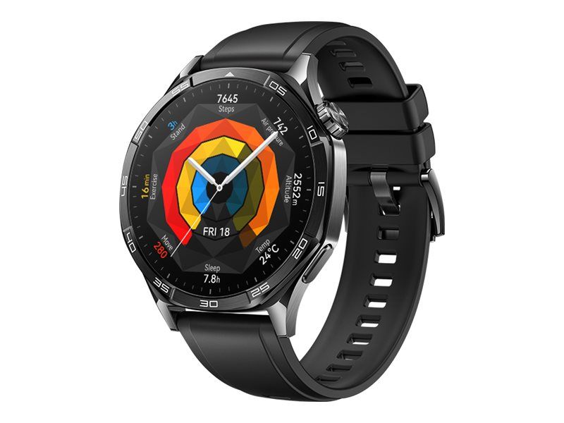 Huawei Watch GT 5 - 46 mm - Edelstahl - intelligente Uhr mit Riemen - Flouroelastomer - schwarz - Handgelenkgröße: 140-210 mm - Anzeige 3.6 cm (1.43")