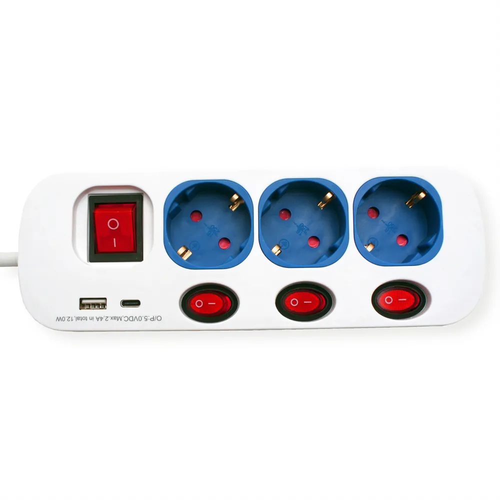 ROLINE 3-fach Steckdosenleiste mit Schalter, USB-Charger A+C, 3 m