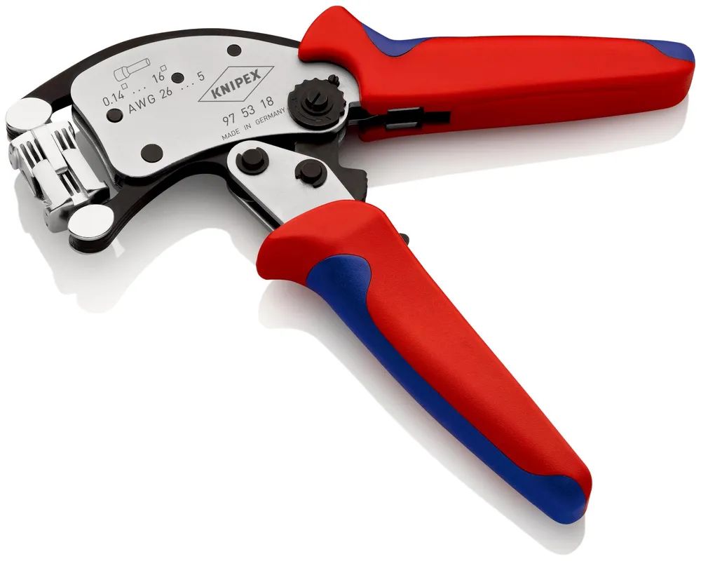 KNIPEX Twistor16® Selbsteinstellende Crimpzange für Aderendhülsen mit drehbarem Crimpkopf mit Mehrkomponenten-Hüllen verchromt 200 mm
