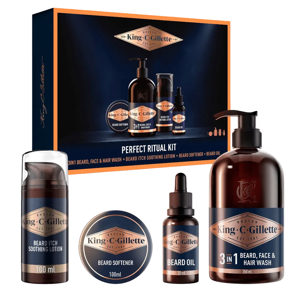 King C. Gillette Geschenkset Bartshampoo +Bartöl + Bartbalsam + Anti-Juckreiz Feuchtigkeitscreme