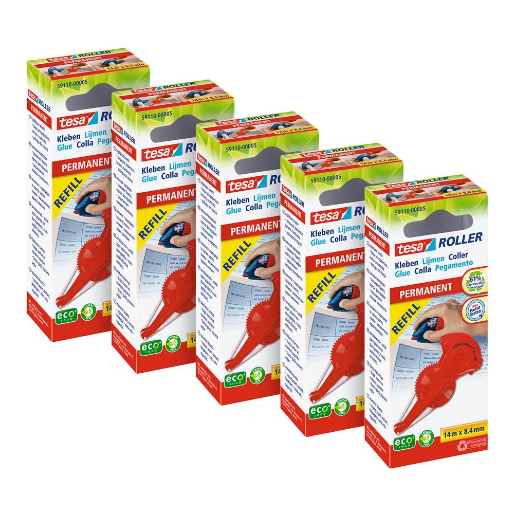 tesa® Kleberoller Permanent Refill – 5er-Pack – Nachfüllkartuschen für präzises Kleben